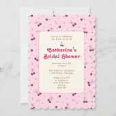 可愛ガーリーいピンク赤さくらんぼハート弓 招待状 (正面)