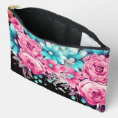 可愛ガーリーいピンク&ティール（緑がかった色）フローラメイクアップバッグ アクセサリーポーチ (見開き)