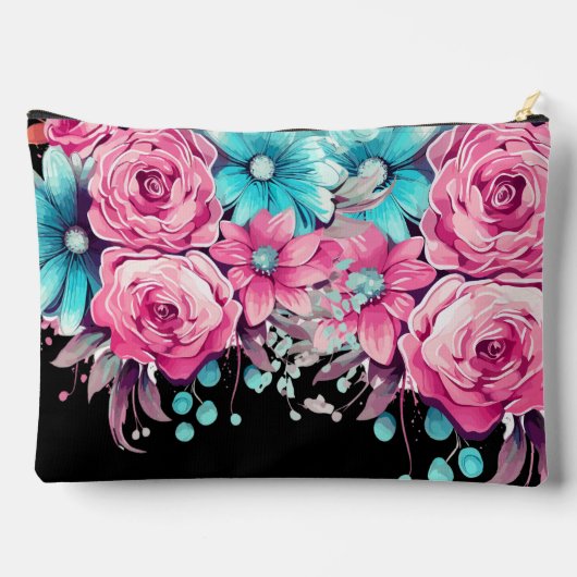 可愛ガーリーいピンク&ティール（緑がかった色）フローラメイクアップバッグ アクセサリーポーチ (裏面)