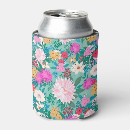 可愛ガーリーいピンク&ミントハンド絵を描フローラデザイン 缶クーラー (缶正面)