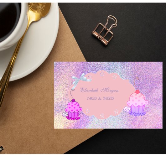 可愛ガーリーいホログラフィモダンックのカップケーキベーカリー 名刺