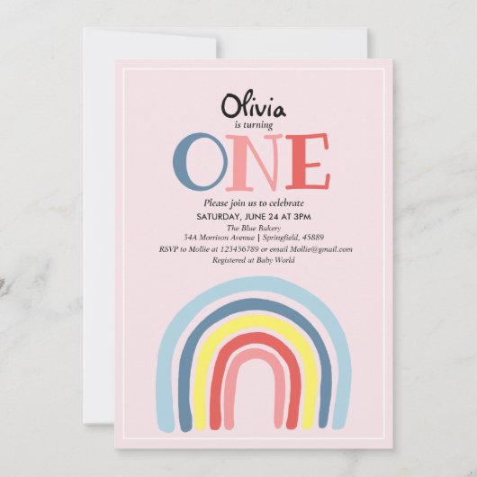 可愛ガーリーいモダンレインボーと名前の誕生日 招待状 (正面)