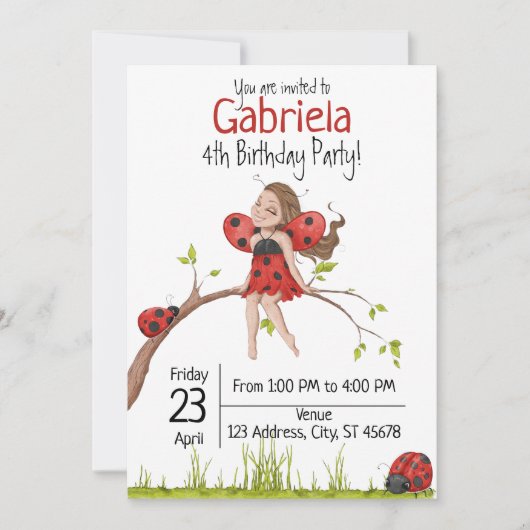 可愛ガーリーいラお洒落ディバグ4歳の誕生日 招待状 (正面)