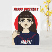 可愛ガーリーい女日本の子セーラーユニフォーム誕生日 カード (黄色い花)