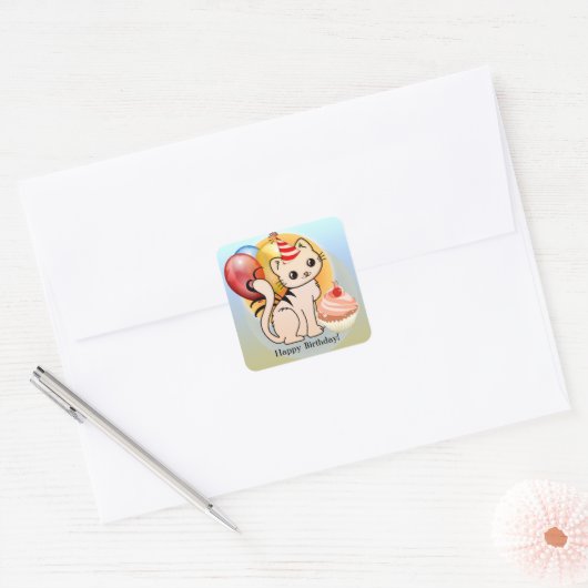 可愛ガーリーい子猫ハッピーバースデーシール スクエアシール (封筒)