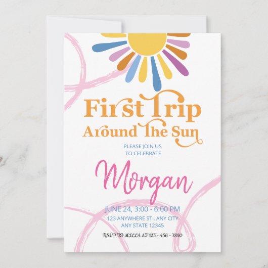 可愛ガーリーい最初の旅のまわりに日誕生日パーティー 招待状 (正面)