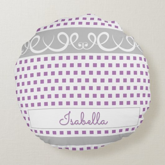 可愛ガーリーい紫の水玉模様と渦巻きスクリプト名 ラウンドクッション (裏面)