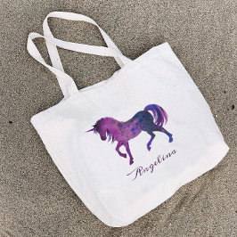可愛ガーリーい紫パーソナライズされた水色ユニコーン ラージトートバッグ