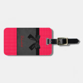 可愛ガーリーい赤エレガント水玉模様 – ブラックボウ ラゲッジタグ (正面横)