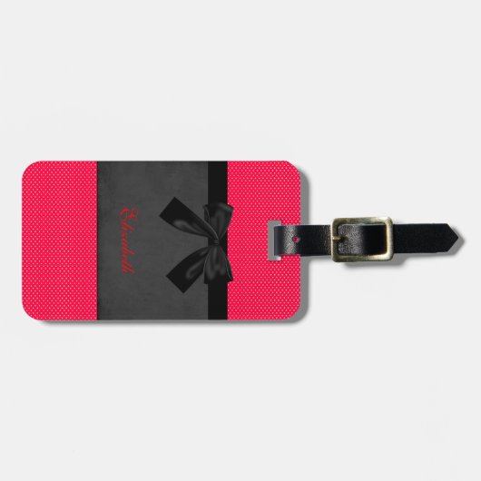 可愛ガーリーい赤エレガント水玉模様 – ブラックボウ ラゲッジタグ (正面横)