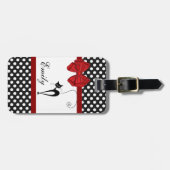 可愛ガーリーい黒エレガント猫水玉模様モノグラム ラゲッジタグ (正面横)