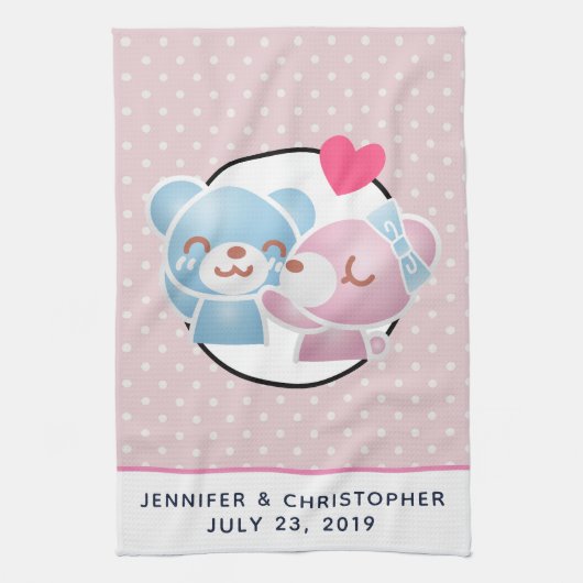 可愛キスをするいクマかわいい キッチンタオル (縦)