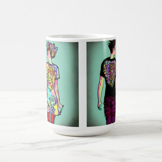 可愛グランジい男とかわいらしパンク女の子が手を握り コーヒーマグカップ (中央)