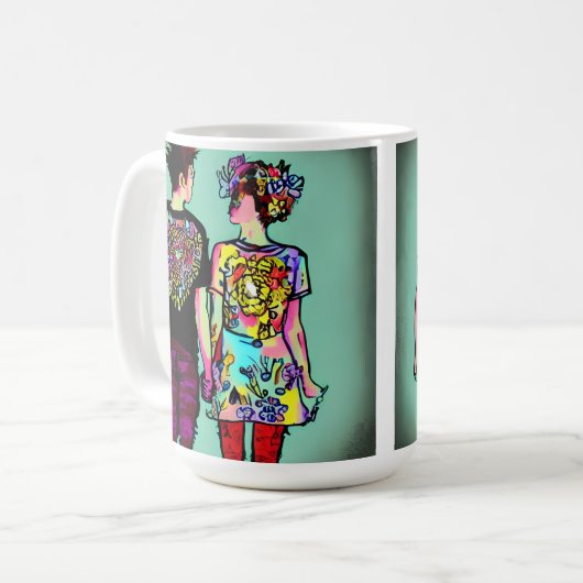 可愛グランジい男とかわいらしパンク女の子が手を握り コーヒーマグカップ (正面左)