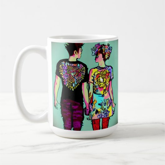 可愛グランジい男とかわいらしパンク女の子が手を握り コーヒーマグカップ (左)