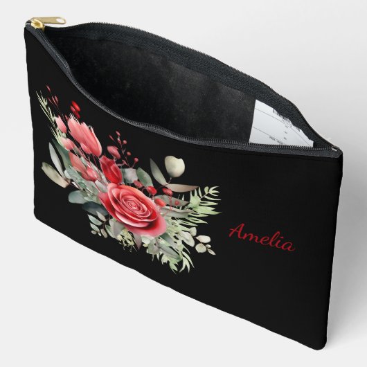 可愛シンプルいエレガント黒と花 アクセサリーポーチ (見開き)