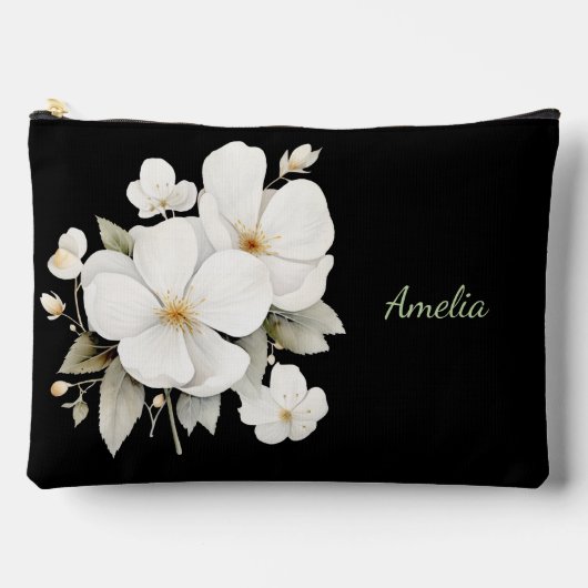 可愛シンプルいエレガント黒と花 アクセサリーポーチ (正面)