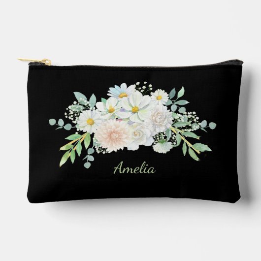 可愛シンプルいエレガント黒と花 アクセサリーポーチ (正面)