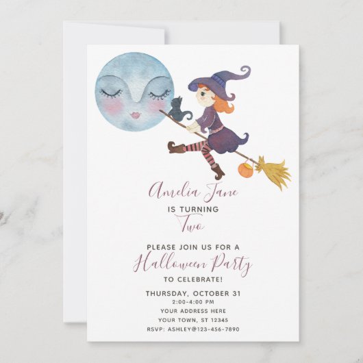 可愛シンプルいハロウィーンウィッチチャイルドの2歳の誕生日 招待状 (正面)