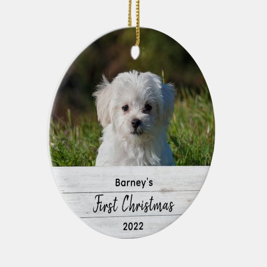 可愛シンプルい初めてのクリスマス素朴ウッドペットフォト セラミックオーナメント (右)