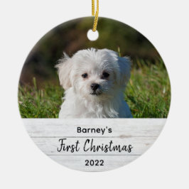 可愛シンプルい初めてのクリスマス素朴ウッドペットフォト セラミックオーナメント