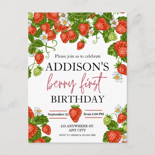 可愛シンプルい赤ブルーベリースウィート1st誕生日 ポストカード (正面)