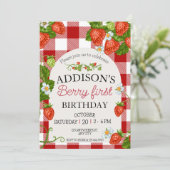 可愛シンプルい赤ブルーベリースウィート1st誕生日 招待状 (スタンド正面)