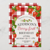 可愛シンプルい赤ブルーベリースウィート1st誕生日 招待状 (正面/裏面)