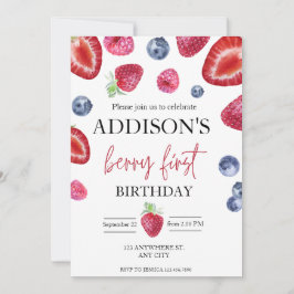 可愛シンプルい赤ブルーベリースウィート1st誕生日 招待状