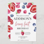 可愛シンプルい赤ブルーベリースウィート1st誕生日 招待状 (正面/裏面)
