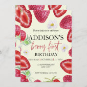 可愛シンプルい赤ブルーベリースウィート1st誕生日 招待状 (正面/裏面)