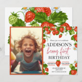 可愛シンプルい赤ブルーベリースウィート1st誕生日 招待状 (正面/裏面)