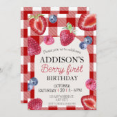 可愛シンプルい赤ブルーベリースウィート1st誕生日 招待状 (正面/裏面)