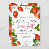 可愛シンプルい赤ブルーベリースウィート1st誕生日 招待状 (正面/裏面)