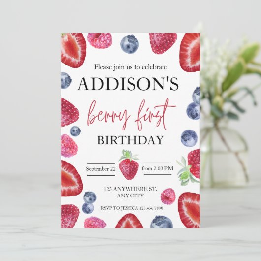可愛シンプルい赤ブルーベリースウィート1st誕生日 招待状 (スタンド正面)