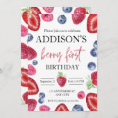可愛シンプルい赤ブルーベリースウィート1st誕生日 招待状 (正面/裏面)