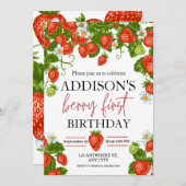 可愛シンプルい赤ブルーベリースウィート1st誕生日 招待状 (正面/裏面)