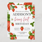 可愛シンプルい赤ブルーベリースウィート1st誕生日 招待状 (正面/裏面)