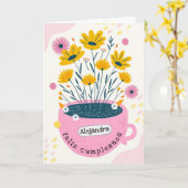 可愛スペインのいピンクコーヒーマグ誕生日 カード (黄色い花)