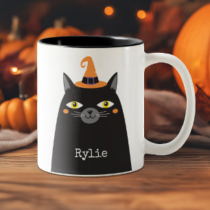可愛パーソナライズされたいお洒落ハロウィーンブラックキャット ツートーンマグカップ
