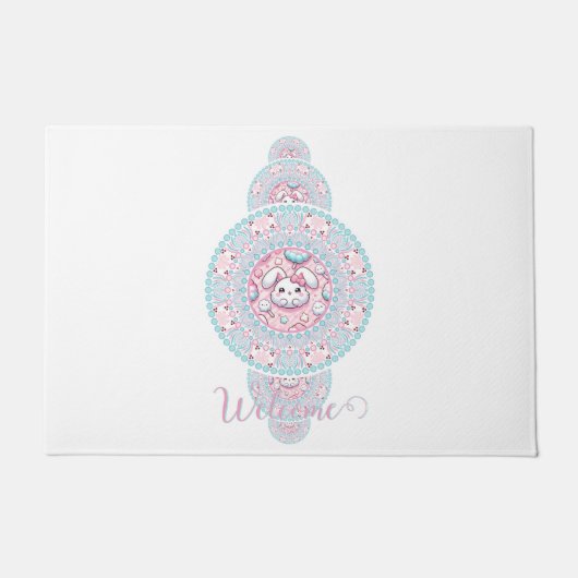 可愛パーソナライズされたいかわいいバニー装飾曼荼羅 ドアマット (正面)