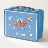 可愛パーソナライズされたいエイリアン宇宙船 メタルランチボックス (正面)