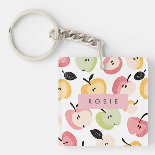 可愛パーソナライズされたいカラフルりんご柄 キーホルダー (正面)