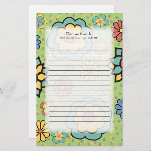 可愛パーソナライズされたいカラフル花を緑に 便箋 (正面/裏面)