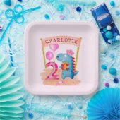 可愛パーソナライズされたいガーリー恐竜2年誕生日 ペーパープレート (パーティー)