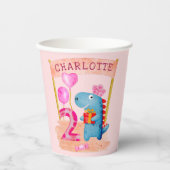 可愛パーソナライズされたいガーリー恐竜2年誕生日 紙コップ (正面)