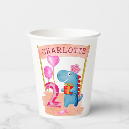 可愛パーソナライズされたいガーリー恐竜2年誕生日 紙コップ (正面)