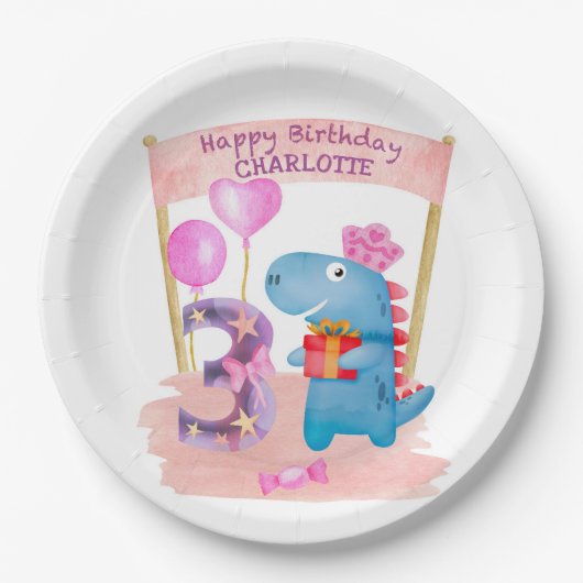 可愛パーソナライズされたいガーリー恐竜3年誕生日 ペーパープレート (正面)