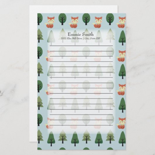 可愛パーソナライズされたいキツネと木が青 便箋 (正面/裏面)