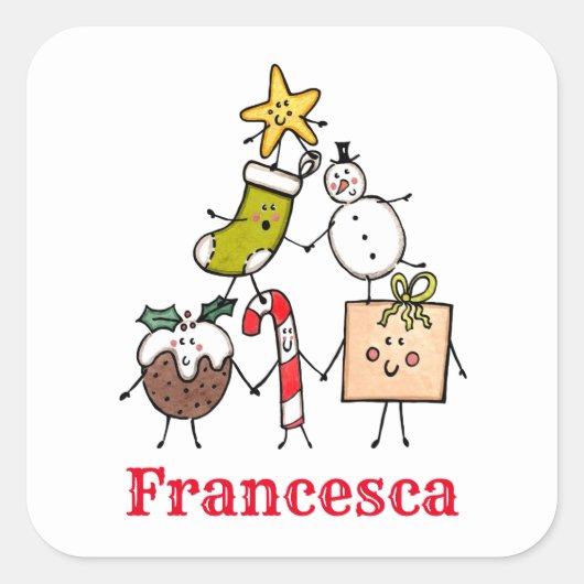 可愛パーソナライズされたいクリスマスキャラクター スクエアシール (正面)